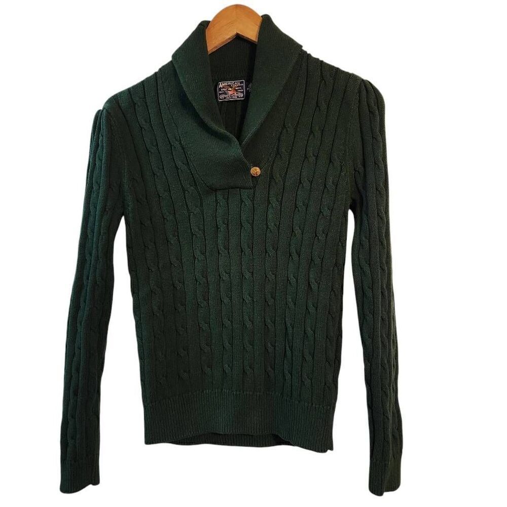 American Living cable knit sweater green v neck cotton medium
